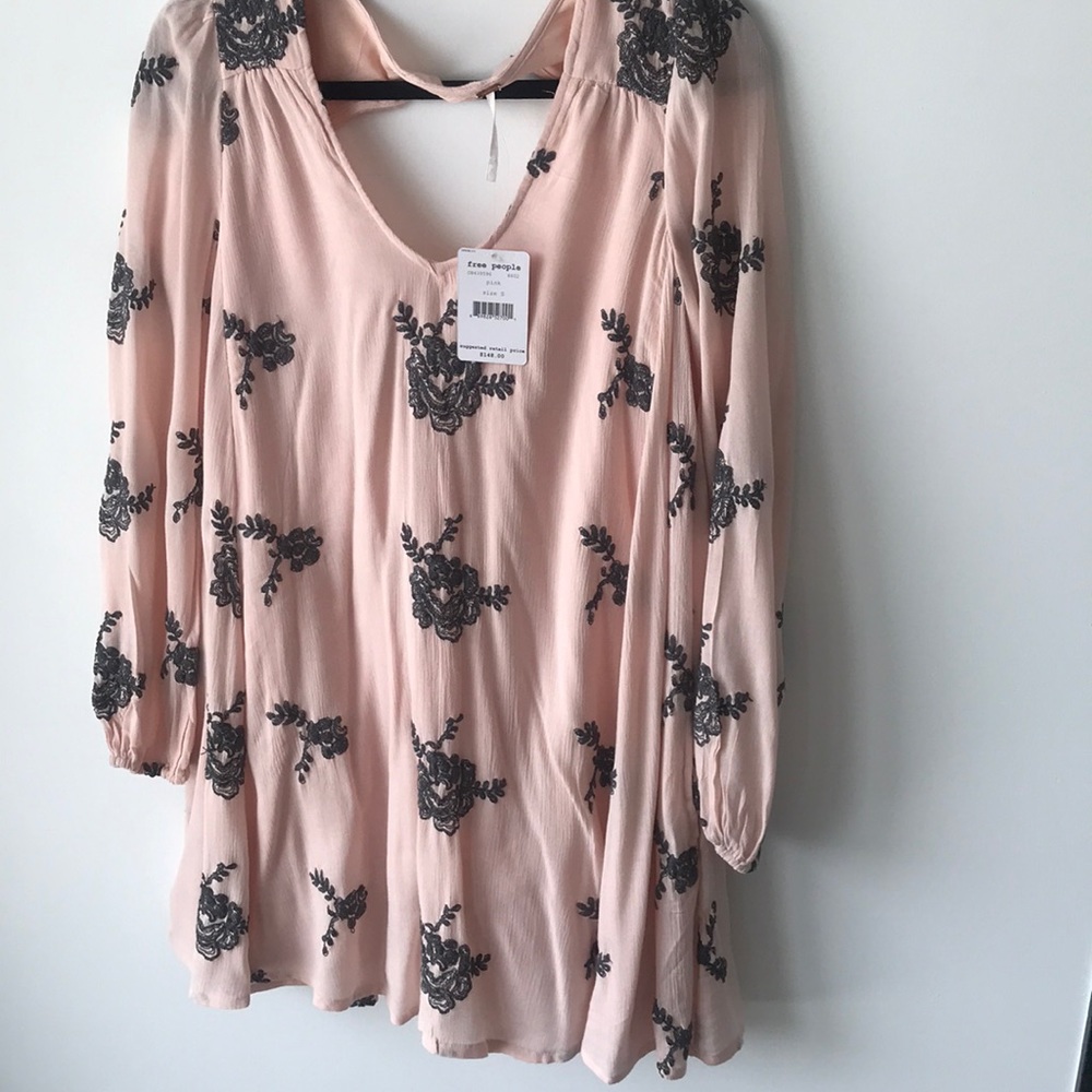 Pink and dark grey embroidered mini dress